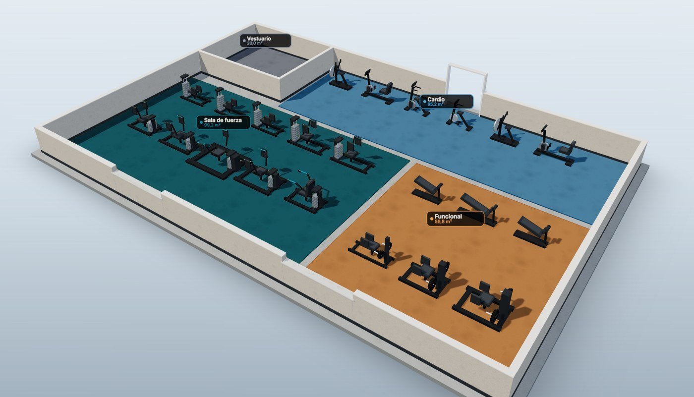 Gimnasio de 260 m2 diseñado en 3D con el planificador de Panthera Sport: zona de cardio, sala de fuerza, zona funcional y vestuario