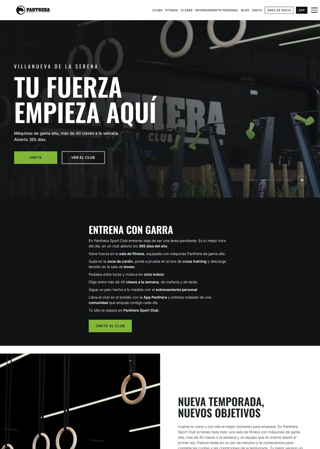 Captura real de la web de demostración de Panthera Sport Club: portada «Tu fuerza empieza aquí» y secciones del club