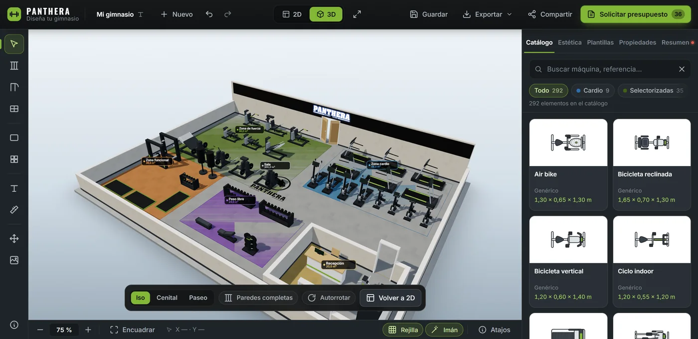 Captura real del Planificador 3D de Panthera: una sala de 20 por 15 metros con zonas de fuerza, cardio, funcional, peso libre y recepción, vista en 3D